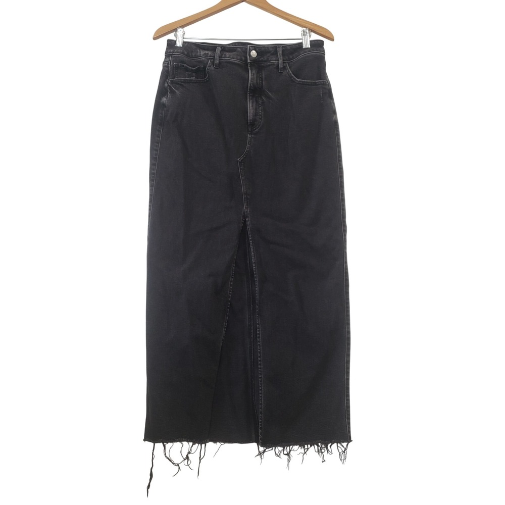 Express Denim Maxi Skirt Womens 10 Black Frayed Hem Front Slit High Waisted Boho